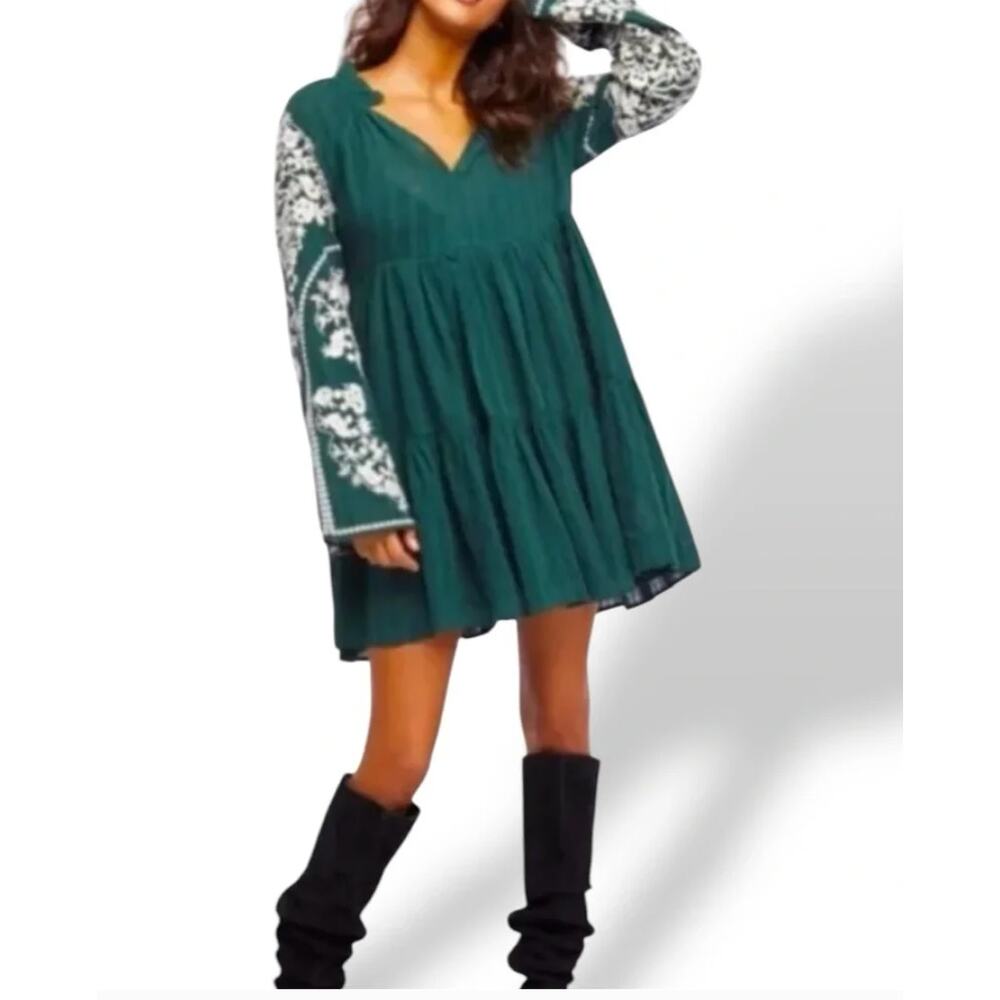 Free People Emerald City Tiered Embroidered Dress in Green Size Small - Picture 16 of 16
